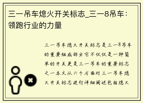 三一吊车熄火开关标志_三一8吊车：领跑行业的力量